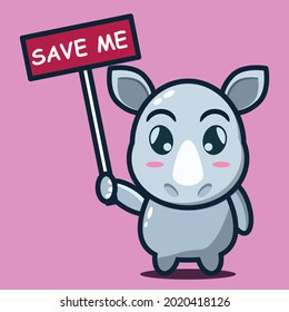 vector illustration of cute rhino holding a sign that says save me