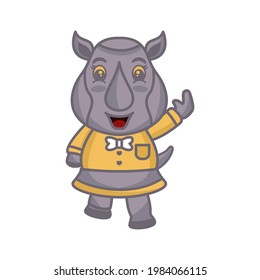 Vector illustration of cute rhino mascot waving hand