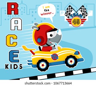 Vector illustration of cute rhino on race car. Car racing element cartoon