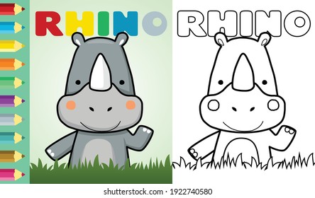Vector illustration of cute rhino raising hand appearing from grass. Coloring book or page
