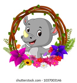 vector illustration of cute rhino in root of tree frame with flower