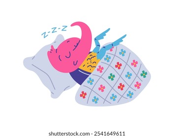 Vector illustration with a cute rhinoceros beetle character with a big horn. This charming creature sleeps on a pillow and a blanket, smiling happily.