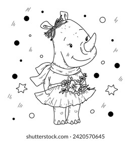Vector illustration of a cute rhinoceros in hand-draw doodle style.