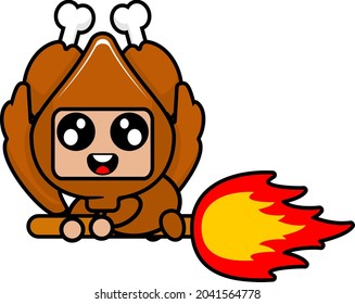 vector illustration of cute roast chicken meat mascot costume cartoon character riding a fire broomstick