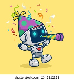 Vector illustration of cute robot cartoon blowing trumpet in a party