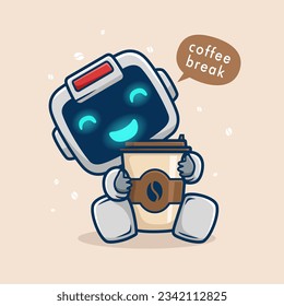 Ilustración vectorial de la tira cómica de un robot que adopta una taza de café grande