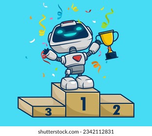 Vector illustration of cute robot cartoon holding trophy on podium