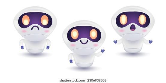 Vector illustration of a cute robot in different mood. Vector set icons for chat bot in realistic style.