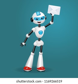 Vector illustration of cute robot holding an envelope on blue background 