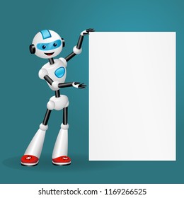 Vector illustration of cute robot holding blank white poster for text on blue background 