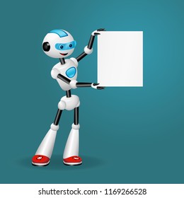
Vector illustration of cute robot holding blank sheet of paper for text on blue background 