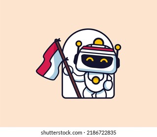 Vector illustration of cute robot holding indonesian red and white flag for independence icon
