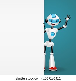 Vector illustration of cute robot looking out from behind an empty white board and waiving hand 