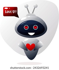 Vector illustration of a cute robot in love with a heart. Artificial intelligence concept, support. Cute character for stickers. Science technology icon concept. 