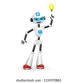 
Vector illustration of cute robot pointing at good idea light bulb. Aha moment concept. Isolated on white background 