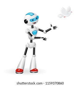 
Vector illustration of cute robot releasing a dove for freedom concept isolated on white background 