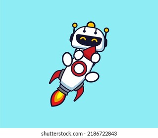 Ilustración vectorial de un lindo robot que monta un cohete espacial para la mascota y el logo de una empresa de negocios