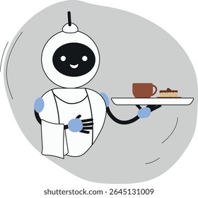 Vector illustration, cute robot serves a person as a waiter. In his hand is a tray with an order in a cafe. Intelligent technology in a positive way. Application of AI in everyday life and service