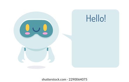 Vector illustration of a cute robot with a speech bubble. Vector icon for chatbot with message in flat style.