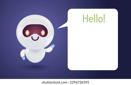 Vector illustration of a cute robot with a speech bubble. Vector icon for chatbot with message in realistic style.