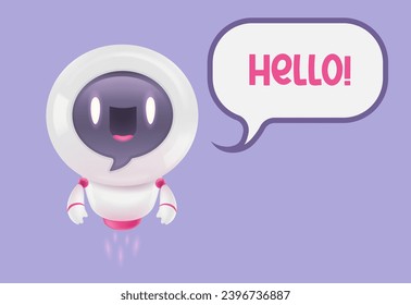 Vector illustration of cute robot with speech bubble. Vector icon for chatbot in realistic style. Chat bot.
