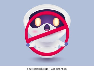 Vector illustration of a cute robot and stop sign. Vector icon of chat bot in realistic style. Stop Ai.