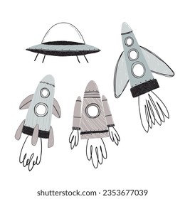 
Vector illustration with cute rockets and flying saucer
