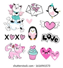 Vector illustration with a cute romantic animals and the inscription love and xoxo on a white background for children. Funny cats and penguins to valentine's day
