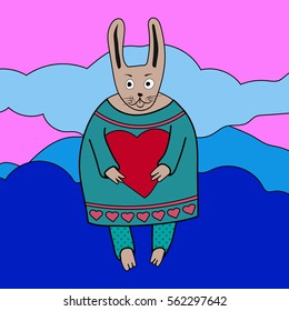 Vector illustration of cute romantic bunny boy with heart