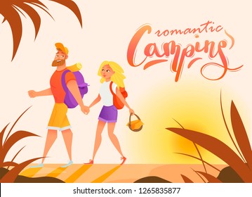 Vector illustration of cute romantic cartoon camping poster. The couple in love on the background of sun. Lovely tourism card.