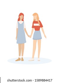 Imagen vectorial de una pareja amorosa. La pareja del mismo sexo y el personaje lgbtq se toman de la mano y pasan tiempo juntos. Feliz pareja gay, idea de relación homosexual y bisexual