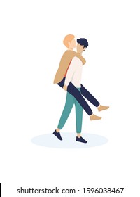 Vector illustration of cute romantic couple. Same sex couple and lgbtq character hugging and spending time together. Happy gay couple, idea of homosexual and bisexual relationship