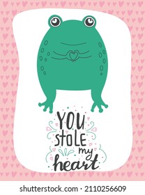 Vector illustration cute romantic frog with lettering You stole my heart. Valentine's day concept cartoon characters in love, cute declaration of love
