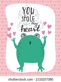Vektorgrafik süßen romantischen Frosch mit dem Buchstaben Du hast mein Herz gestohlen. Valentinstag Konzept Cartoon Figuren in Liebe, süße Erklärung der Liebe
