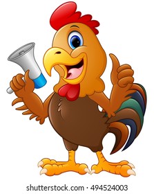 Vector illustration of  Cute rooster cartoon holding a loudspeaker 
