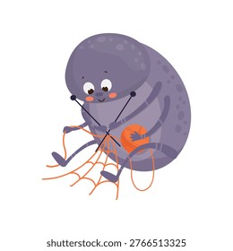 Vector illustration of a cute, round pill bug playing with orange threads.