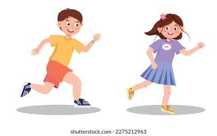 Vector illustration of cute running children. Cartoon scene with a smiling boy and girl playing a game of catch-up isolated on white background.