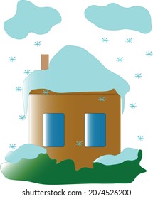 Vector illustration of cute rural house in the winter garden.