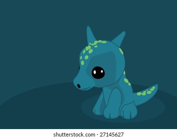 Vector illustration of cute sad blue and green monster baby in lonely environment of blue