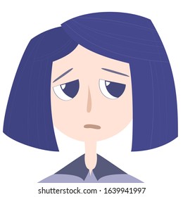 Vector illustration with cute sad girl with blue hair,