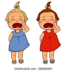 Vector illustration of a cute sad little girl crying with ponytail and bow. Isolated on white background.