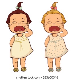 Vector illustration of a cute sad little girl crying with ponytail and bow. Isolated on white background.