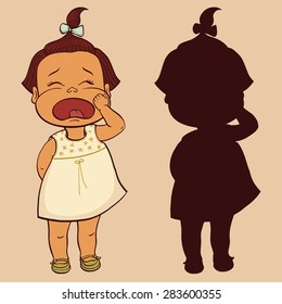 Vector illustration of a cute sad little girl crying with ponytail and bow. Isolated.