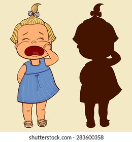 Vector illustration of a cute sad little girl crying with ponytail and bow. Isolated.