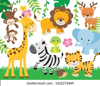 Vector illustration cute safari animals including lion  tiger  elephant  monkey  zebra  giraffe  deer  snake    hedgehog 