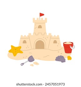 Ilustración vectorial de lindo castillo de arena para sello digital, tarjeta de felicitación, etiqueta engomada, icono, diseño