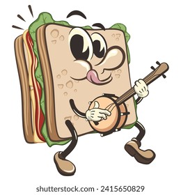 vector illustration of cute sandwich character mascot playing a banjo musical instrument, work of handmad