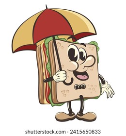 vector illustration of cute sandwich character mascot with umbrella, work of handmade