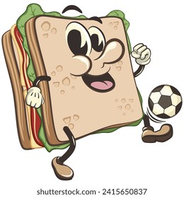 vector illustration of cute sandwich character mascot playing football or soccer, work of handmade