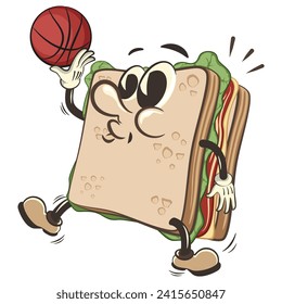 Vektorgrafik süßer Sandwich-Charakter Maskottchen Basketball, handgefertigte Arbeiten